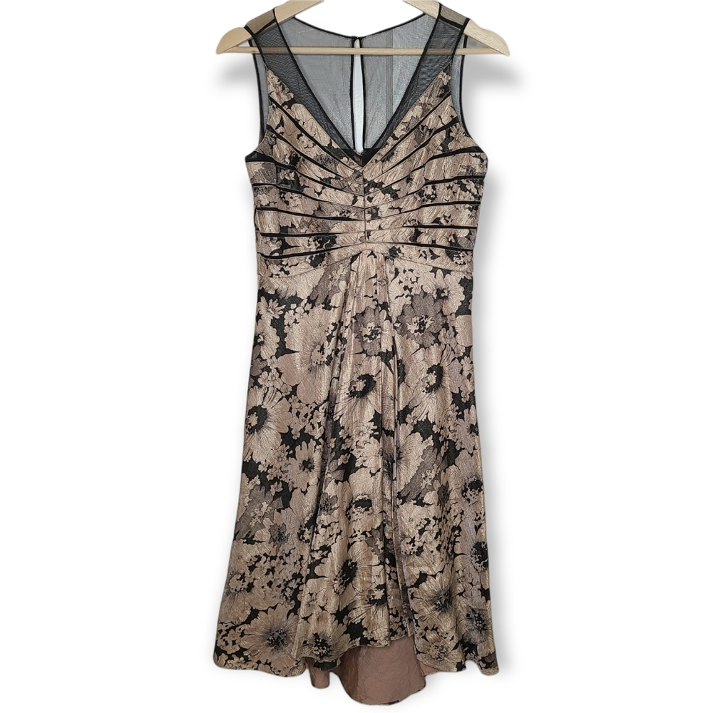 Adrianna Papell Beige and Black Floral Lace-Overlay Prom Dress